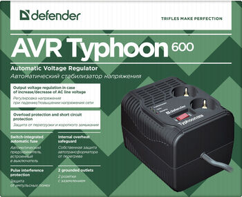 Стабилизатор напряжения Defender AVR Typhoon 600 (200Вт, 2 розетки, индикатор) (арт.99032)